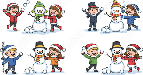 Children building snowmen in winter clothes, playing in snowy scenes with hats, scarves, snowballs, and joyful seasonal outdoor activities