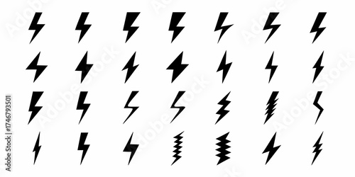 Collection of black lightning bolt icons and symbols on white background