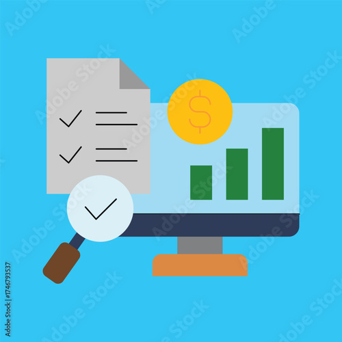Vector illustration of financial analysis and business intelligence concept showing data analytics, performance reports, and profit auditing