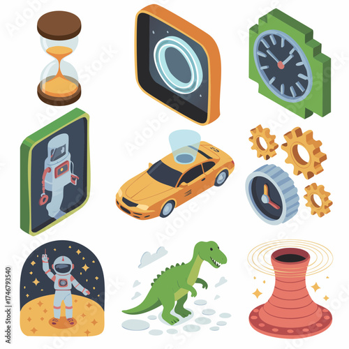 Explore diverse concepts like time, space, technology, and history with these vibrant, isometric icons featuring astronauts, dinosaurs, cars, clocks, and gears.