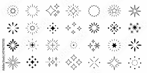 Collection of hand drawn starbursts sparkles and star shapes for design elements and decorations