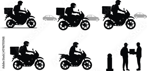Motorcycle delivery service process vector illustration showing courier riding, traveling through city traffic, arriving at destination, and handing package to customer
