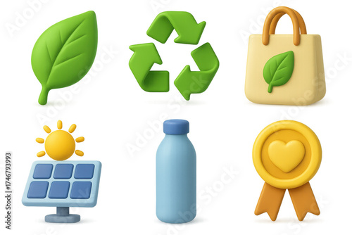 Eco-Friendly Icons. Sustainable choice set of icons in 3D color style: leaf symbol, recycling arrows, eco bag, solar panel, reusable bottle, ethical