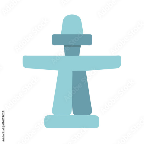 Vector art of a stylized, flat illustration of an inukshuk, a stone monument created by humans, isolated on a the inukshuk is depicted in shades of blue and teal, with a simple, geometric design