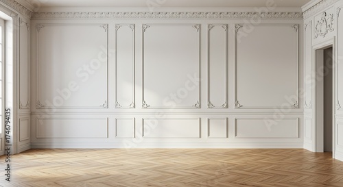 Elegant empty room with classic white wall paneling and herringbone wood flooring ready for design