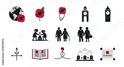 Flat design vector icons for Remembrance Day, featuring symbolic poppies, war memorials, global peace, and tributes to veterans, embodying the spirit of remembrance and respect