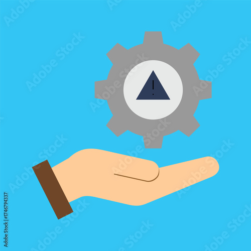 Technical support and troubleshooting service concept, a hand holding a cogwheel with a system error or warning alert icon inside