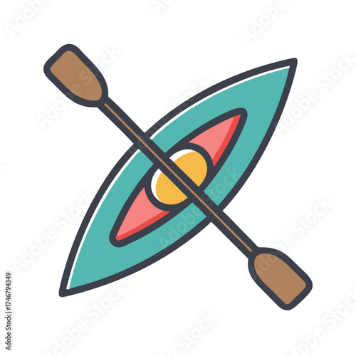 Vector art of a teal and red kayak with a brown paddle, isolated on a, representing water sports and outdoor adventure