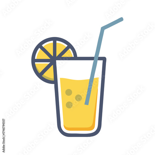Vector art of a refreshing glass of yellow lemonade with a lemon slice and a straw