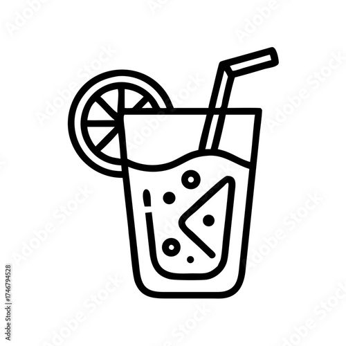 Vector art of a simple black and white line art illustration of a refreshing beverage in a tall glass, complete with a slice of citrus fruit and a straw, isolated on a
