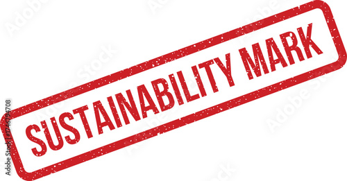 A red grunge textured rubber stamp icon signifies sustainability mark for environmentally conscious products