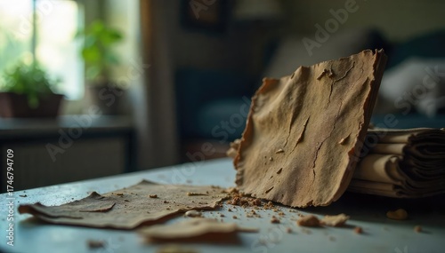 A distressed, blurry image suggesting a chaotic and unsafe domestic environment Focus on a damaged object, implying recent conflict and fear , disarray, cracked, conflict