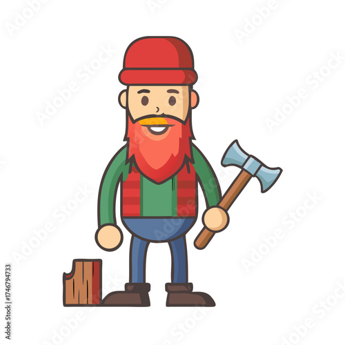 Vector art of cartoon lumberjack with a red hat and beard holding an axe, standing next to a wood log