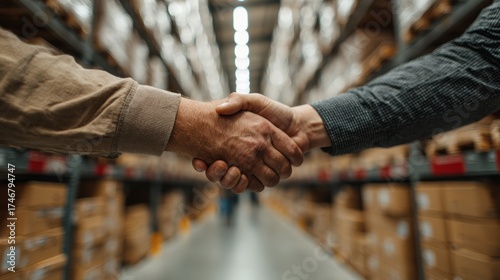 Two individuals shake hands in a warehouse, signifying agreement and partnership in a dynamic business environment.