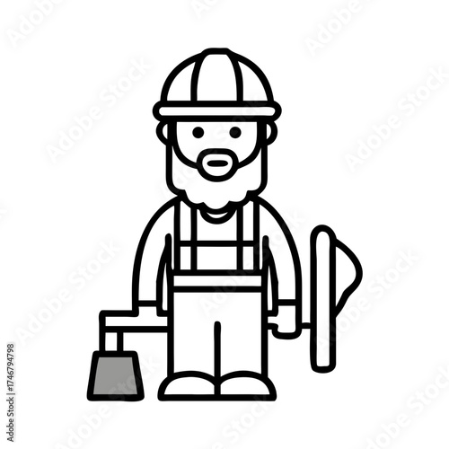 Vector art of cartoon illustration of a construction worker with a beard and hard hat, holding a broom and dustpan