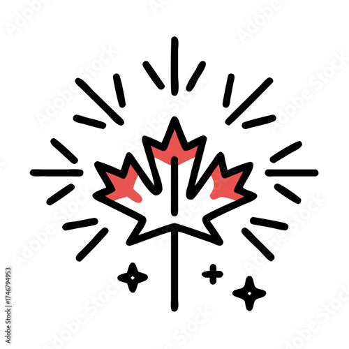 Vector art of canadian maple leaf symbol with radiating lines and stars, representing national pride and celebration