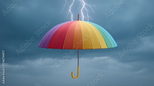 Colorful Umbrella Under Stormy Sky with Lightning and Dark Clouds Capturing a Rainy Day Atmosphere of Nature and Weather Elements