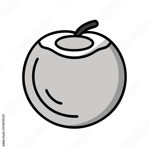 Vector art of a simple, stylized illustration of a whole coconut, isolated on a, with a black stem and a white inner ring indicating its ready to be opened for its water and flesh