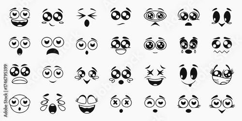 Collection of diverse cartoon facial expressions and emotions in black and white vector art