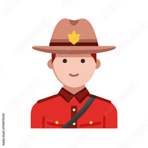 Illustration of a canadian mountie, a member of the royal canadian mounted police, wearing the iconic red serge uniform and stetson hat