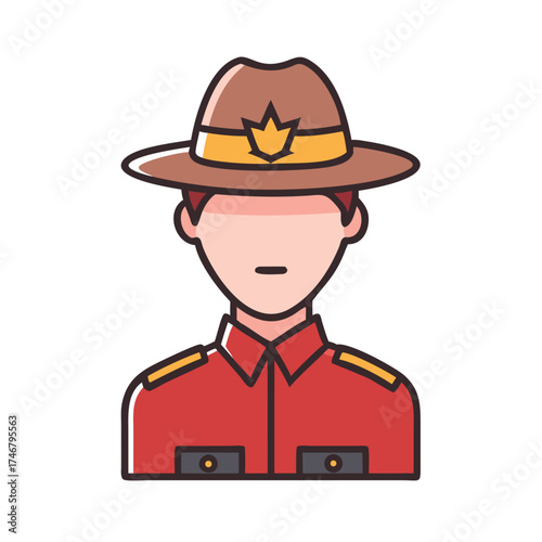 Illustration of a canadian mountie, a member of the royal canadian mounted police, wearing the iconic red serge uniform and stetson hat