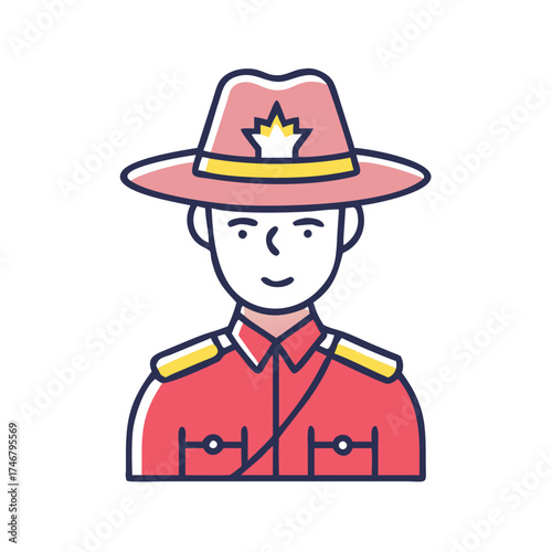 Illustration of a canadian mountie, a member of the royal canadian mounted police, wearing the iconic red serge uniform and stetson hat, symbolizing canadian law enforcement and national identity