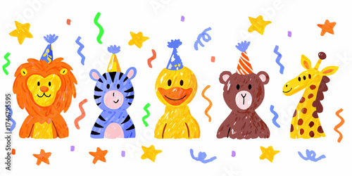 Cute cartoon animals wearing party hats celebrating with confetti and stars