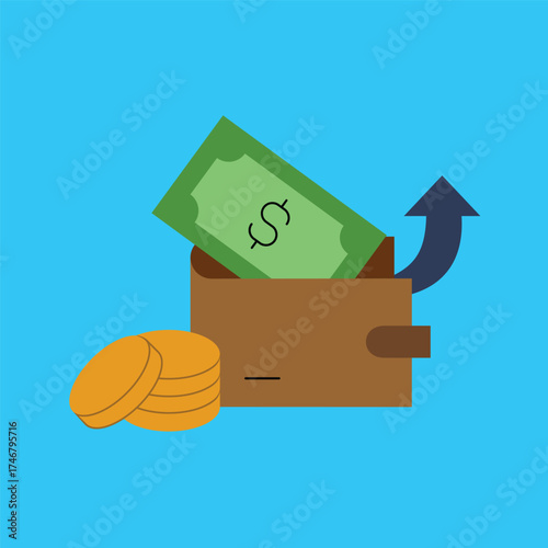 Vector illustration depicting financial outflow with a dollar bill and an upward arrow emerging from a wallet, symbolizing personal expenses and budgeting