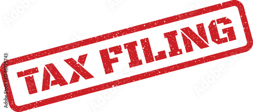 A textured rubber stamp graphic presents the general concept of tax filing for financial management