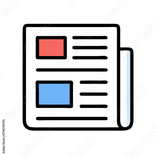 Vector art of a simple, stylized illustration of a newspaper, featuring a red and a blue rectangle representing articles or images, with lines of text, isolated on a