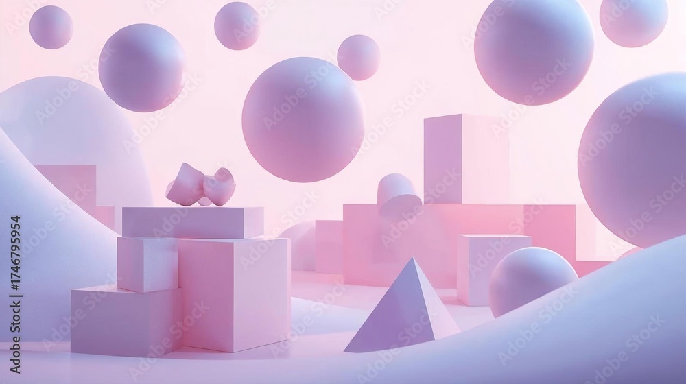 Fototapeta premium Abstract modern art composition featuring smooth 3D geometrical shapes floating in a surreal, dreamlike pastel gradient atmosphere