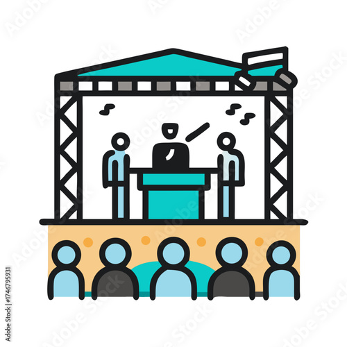 Vector art of a performance on stage with a conductor and musicians, and an audience watching from below, depicted in a simple, modern iconographic style