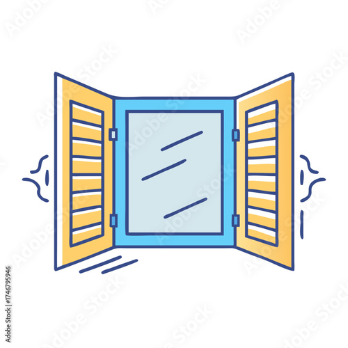 Vector art of an open window with shutters, depicted in a simple, stylized illustration with a blue frame and yellow shutters