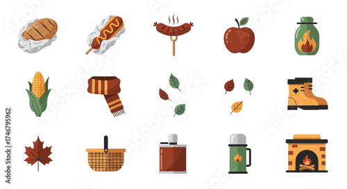 Autumnal Icons Picnic, Camping, and Nature-Themed Design Elements