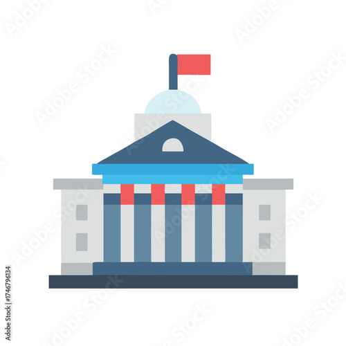 Vector art of flat illustration of a government building with a flag on top