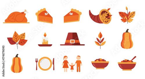 Celebrate Thanksgiving with this charming flat-design icon set, featuring classic harvest foods, autumn decorations, and family dinner elements for festive holiday projects