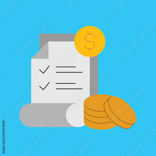 Vector illustration of a financial document with a checklist and gold coins, representing payment, budgeting, and successful money management on a blue background