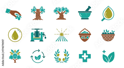 Olive Oil Production Icons Harvesting, Processing, and Healthy Lifestyle Representations