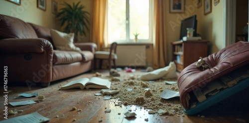 A distressed, blurry image suggesting a chaotic scene of domestic violence, focusing on broken household items and overturned furniture , trauma, conflict, safety