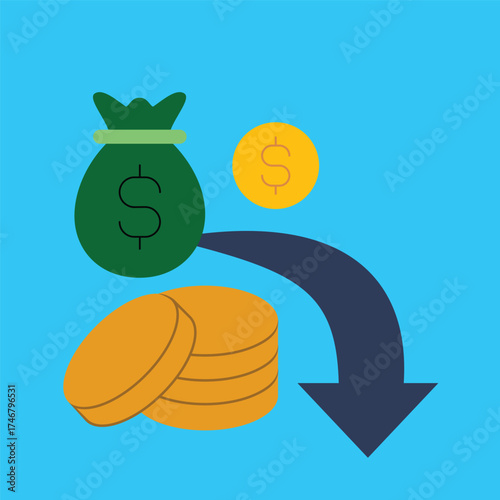 Vector illustration depicting a financial crisis and economic downturn, showing a money bag, coins, and a descending arrow symbolizing investment loss and depreciation