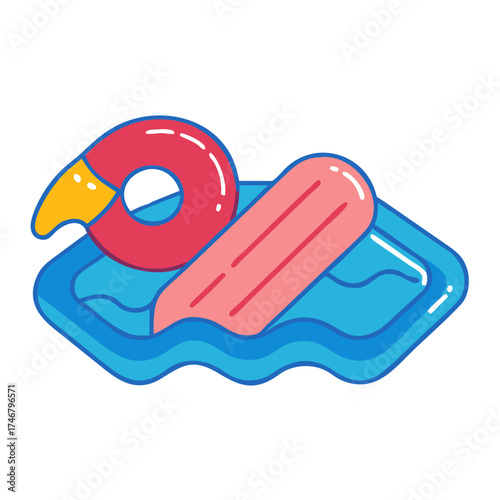 Vector art of a fun and colorful illustration of a pink flamingo pool float and a pink inflatable mattress floating on a blue wavy inflatable pool, perfect for summer and vacation themes