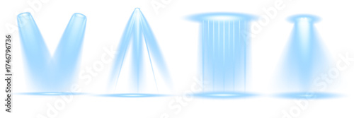 PNG pack of glowing blue spotlights. Bright beams and shining rays. Abstract luminous light collection for creative design or stage visuals.