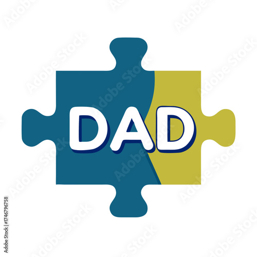 Vector art of a blue and yellow puzzle piece with the word dad in white letters, isolated on a