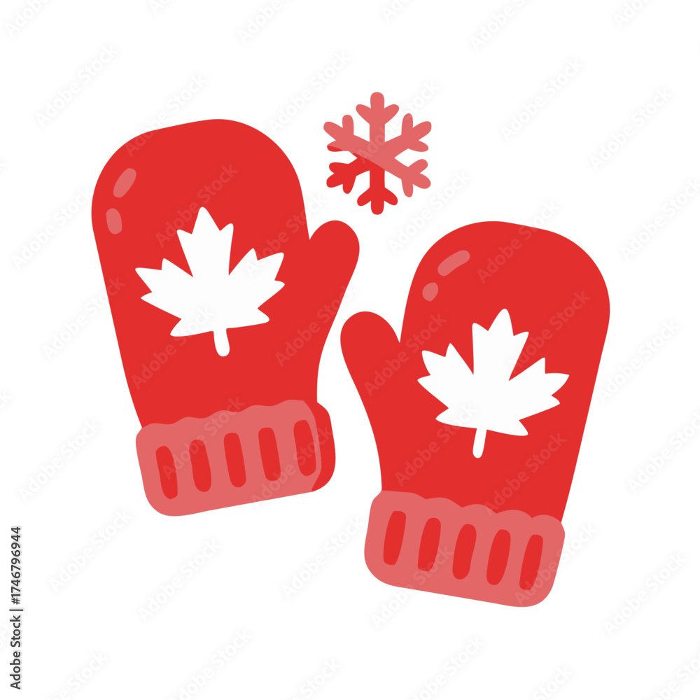 Fototapeta premium Vector art of pair of red mittens with white canadian maple leaf symbol and a snowflake above