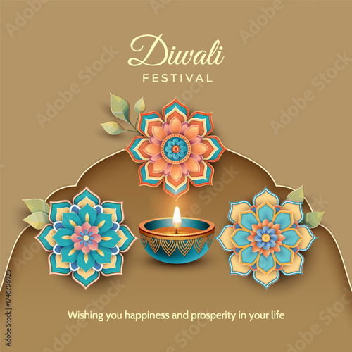 Diwali Poster Template with Diya lamps. Paper-cut ethnic-style arch and mandala rangoli flowers
