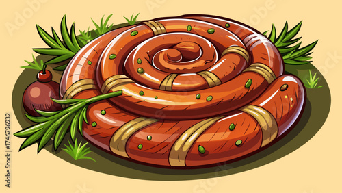 Very beautiful close-up savory coiled meat sausage seasoned with aromatic spices and fresh herbs, vector-style illustration highlighting juicy texture, grill marks, and perfect for barbecue or gourmet