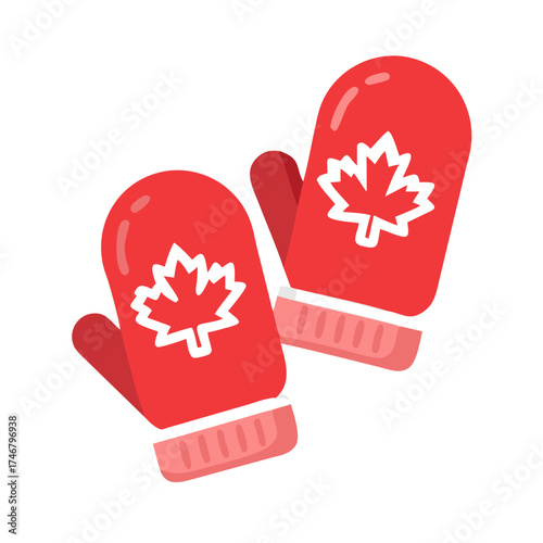 Vector art of pair of red mittens with canadian maple leaf symbol, , representing winter warmth and canadian identity