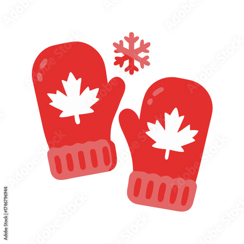 Vector art of pair of red mittens with white canadian maple leaf symbol and a snowflake above