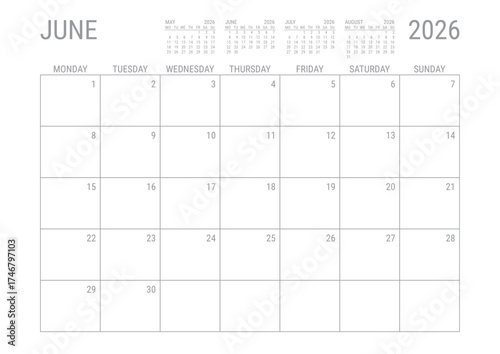 June Calendar 2026 Monthly Planner Printable A4 Monday Start	