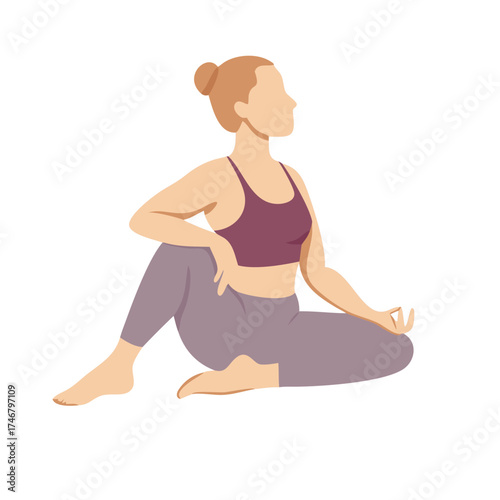 Vector art of woman in yoga pose, marichyasana iii, , practicing mindfulness and stretching her body, promoting wellness and flexibility